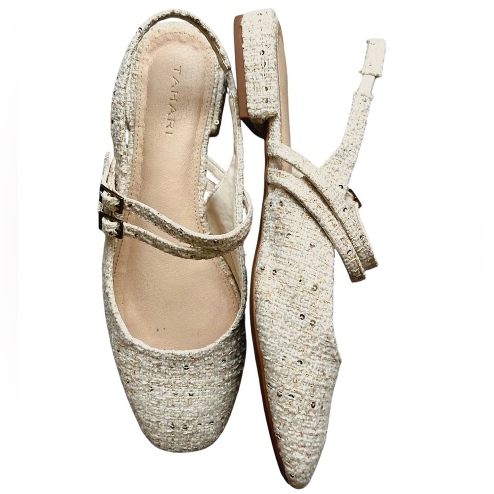 Tahari Cream Tweed Slingback Flats with Gold Accents